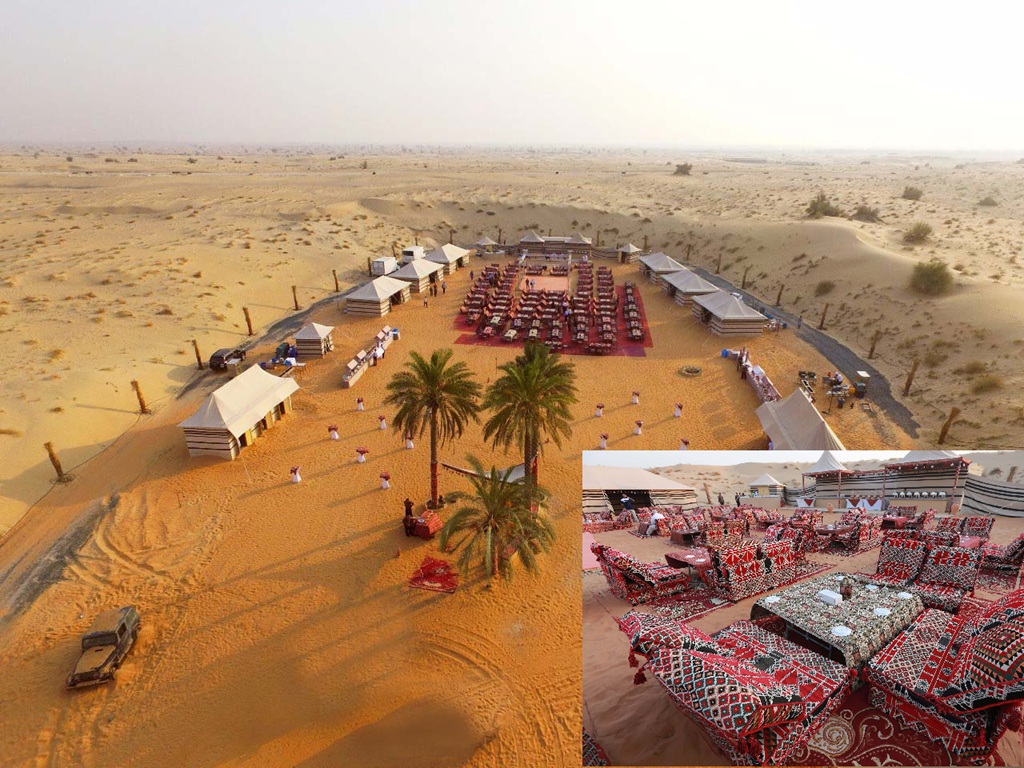 Dubai çöl safari kampında, geleneksel masalarda sunulan Arap barbekü akşam yemeği 